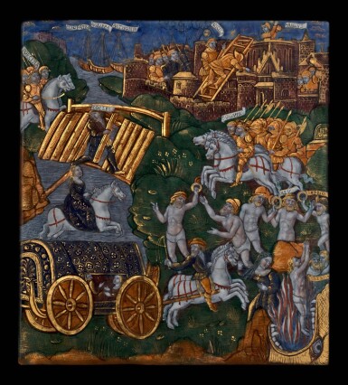 View full screen - View 1 of Lot 34. The Master of the Aeneid, French, Limoges, circa 1525-1530 | Plaque with Subjects engraved by Vulcan on the shield given by Venus to Aeneas.