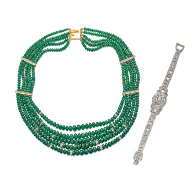 View full screen - View 1 of Lot 1783. EMERALD AND DIAMOND NECKLACE; AND DIAMOND BRACELET | 祖母綠 配 鑽石 項鏈 及 鑽石 手鏈.
