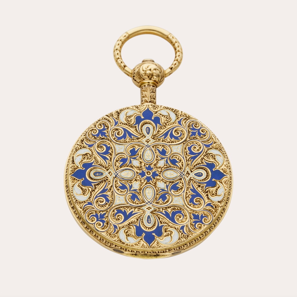 View full screen - View 1 of Lot 426. Swiss | A yellow gold and enamel cabriolet watch with chain, Circa 1845.