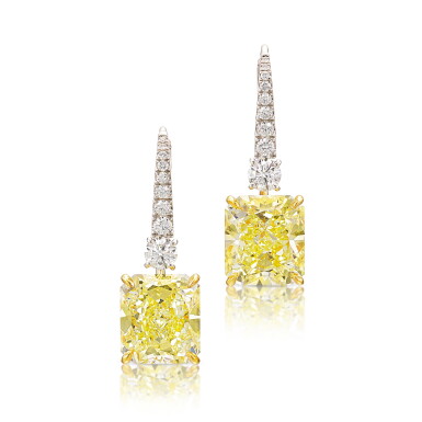 View full screen - View 1 of Lot 233. Fancy Intense Yellow Diamond and Diamond Pendent Earrings, Mount by Harry Winston | 8.14 及 8.04 克拉 濃彩黃色鑽石 配 鑽石 耳墜一對, 海瑞溫斯頓耳墜托.