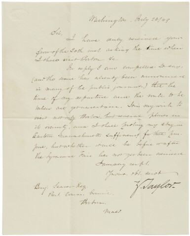 View full screen - View 1 of Lot 2155. Taylor, Zachary, Letter signed as President, to Benjamin Seaver, Washington, 23 July 1849.