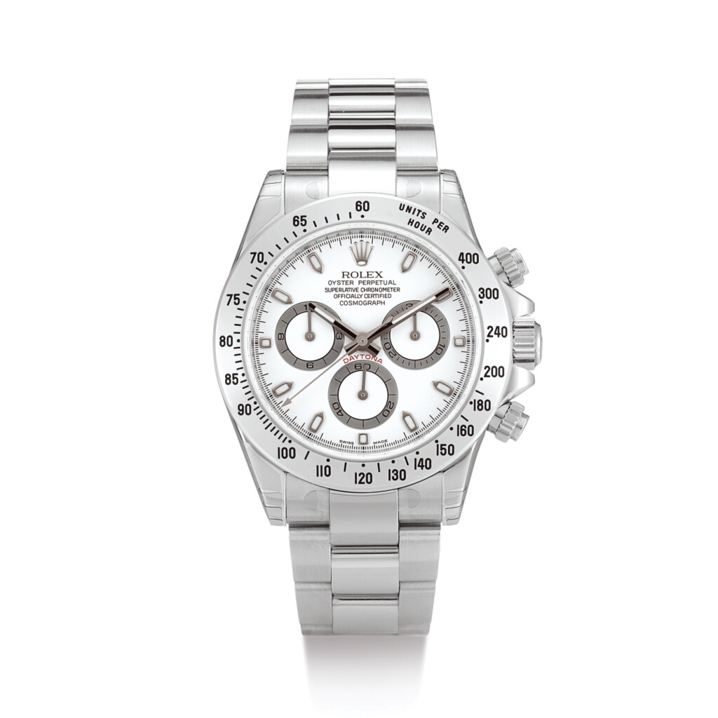 View full screen - View 1 of Lot 2230. ROLEX | COSMOGRAPH DAYTONA, REFERENCE 116520 A BRAND NEW STAINLESS STEEL CHRONOGRAPH WRISTWATCH WITH BRACELET, CIRCA 2006 " | 勞力士 | Cosmograph Daytona 型號116520 全新精鋼計時鏈帶腕錶,錶殼編號Z207787,約2006年製".