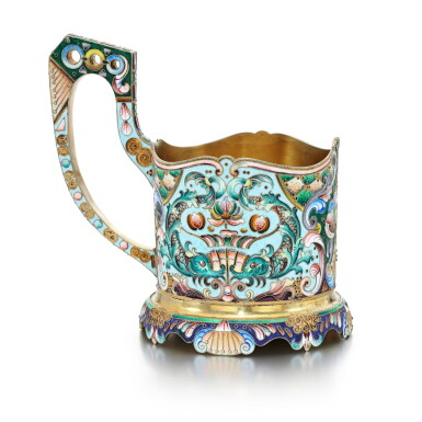 View full screen - View 1 of Lot 116. A SILVER-GILT AND CLOISONNÉ ENAMEL TEA GLASS HOLDER, 20TH ARTEL, MOSCOW, 1908-1917.