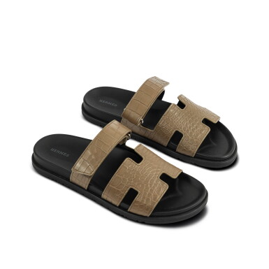 View full screen - View 1 of Lot 781. Étoupe Matte Mississippiensis Alligator Chypre Sandals, Size 45.