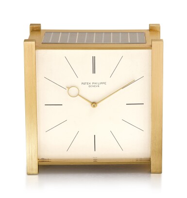 View full screen - View 1 of Lot 530. PATEK PHILIPPE | PENDULE CARRÉE, A GILT BRASS SOLAR DESK CLOCK, CIRCA 1968.