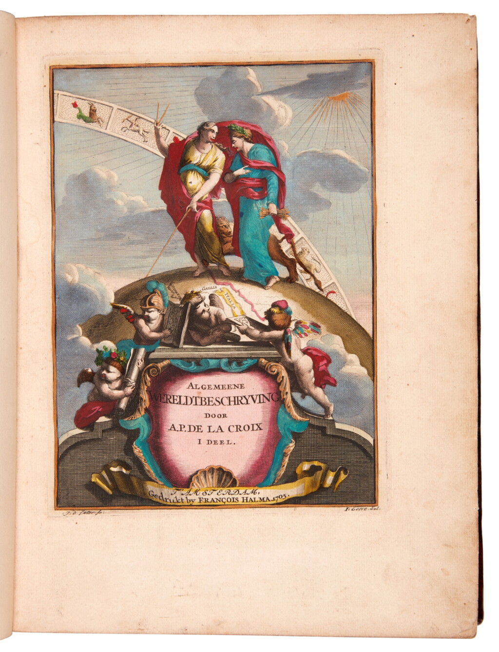 View full screen - View 1 of Lot 66. Antoine Phérotée de La Croix | Algemeene Weereld-Beschryving, Amsterdam, 1705, first edition in Dutch, 3 volumes, contemporary hand-colouring, heightened with gold.