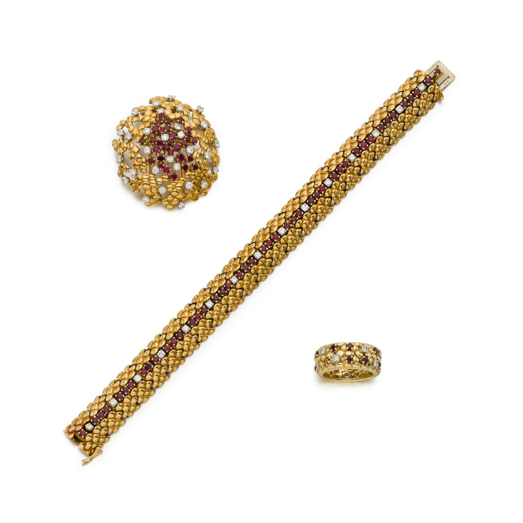 View full screen - View 1 of Lot 22. Ruby and Diamond Brooch and Bracelet, with accompanying Ring .