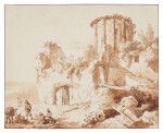 A pastoral scene with classical ruins and figures in the foreground