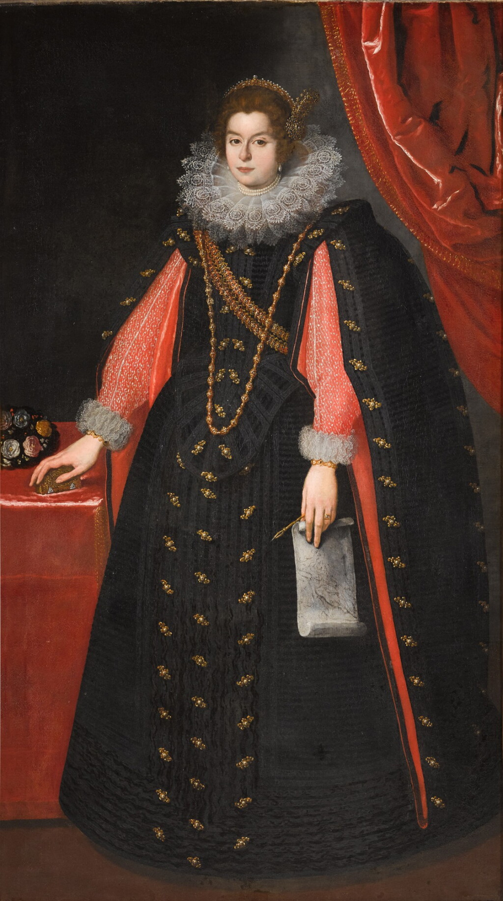 View full screen - View 1 of Lot 171. Portrait of a lady, probably Maria Maddalena of Austria (1589–1631), full-length, wearing a black dress with an ornate lace collar and holding a drawing of Mary Magdalene.