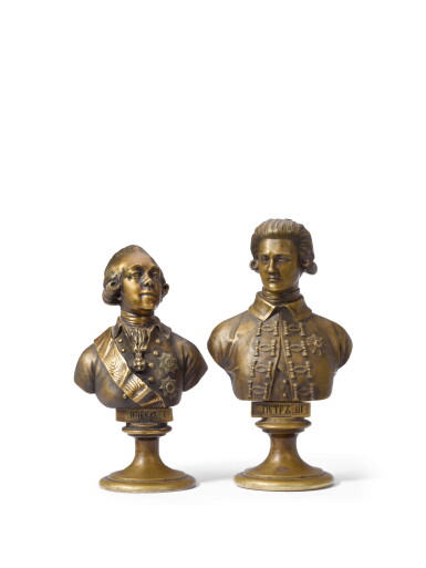 View full screen - View 1 of Lot 36. Two Russian bronze portrait busts: Tsars Peter III and Paul I.