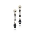 Pair of onyx and diamond pendent ear clips, circa 1920 and later