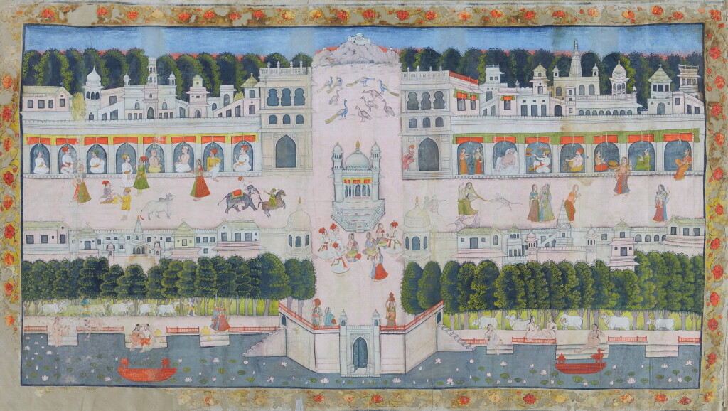 View full screen - View 1 of Lot 77. A large painting on cloth depicting a palace scene beside lake Kishangarh, India, Kishangarh, circa 1775-1800.