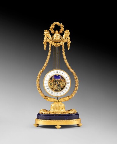 View full screen - View 1 of Lot 49. A two tone ormoulu mounted porcelain lyre shaped squeleton clock, the dial signed by Coteau and the movement by J.C.P Bertrand, Louis XVI, circa 1780 | Pendule lyre en bronze doré à deux tons d'or et porcelaine, le cadran signé par Coteau et le mouvement par J.C.P Bertrand, d'époque Louis XVI, vers 1780.