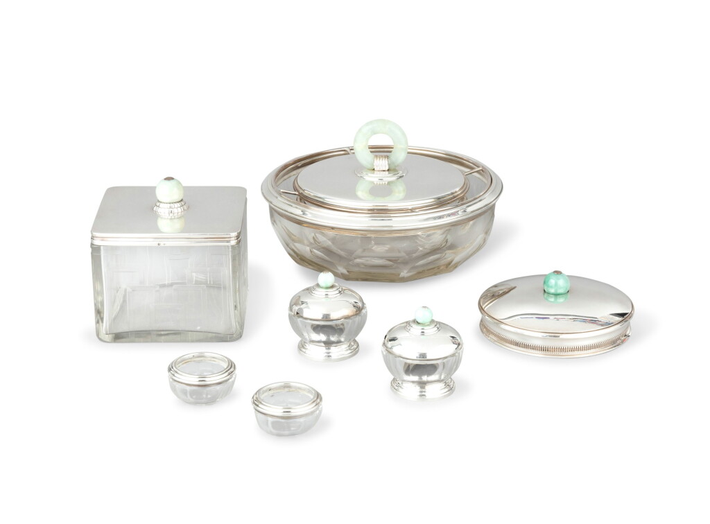 View full screen - View 1 of Lot 296. A set including a plate, a bowl, four boxes and two cups, circa 1930.