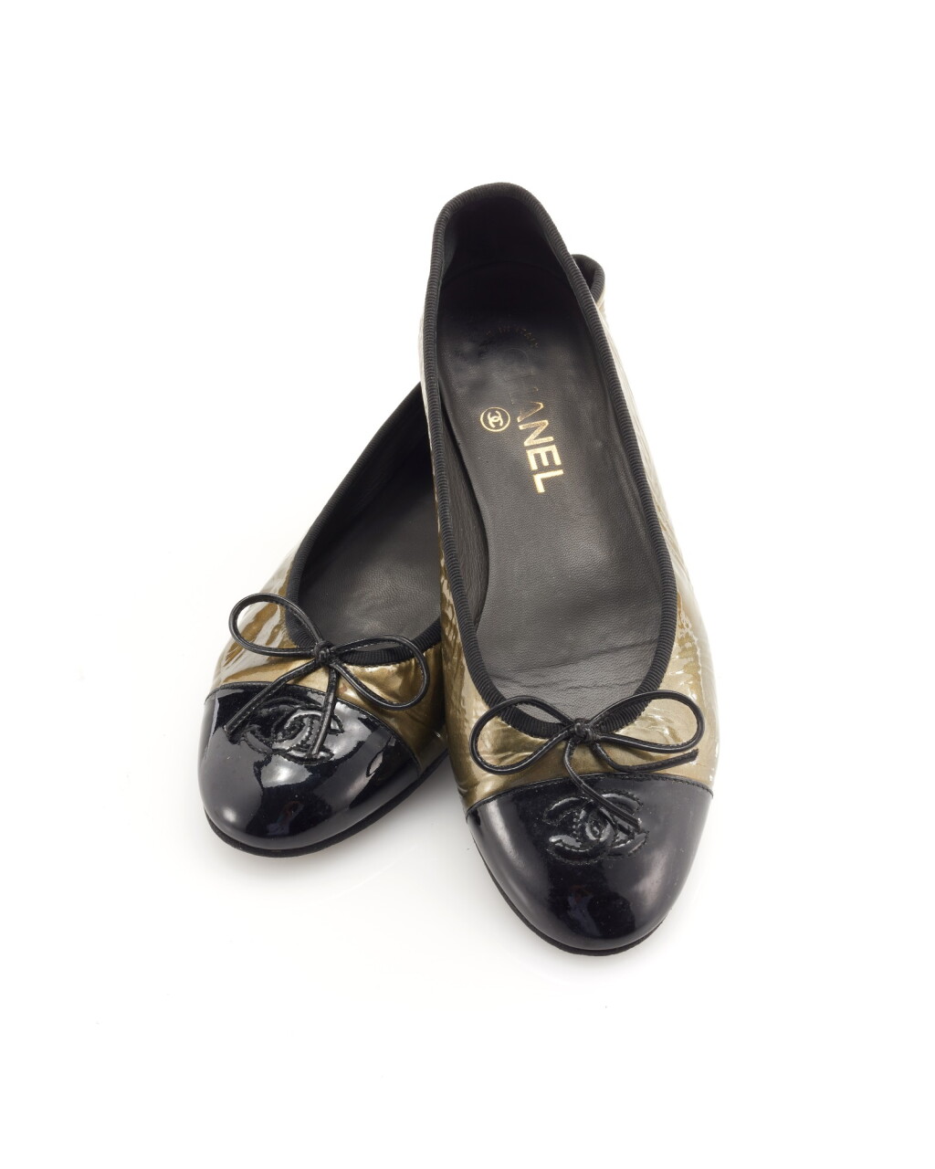 View full screen - View 1 of Lot 47. Pair of green and black patent leather flats.