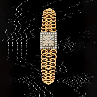 View full screen - View 1 of Lot 8. A yellow gold and diamond-set bracelet watch with interlinked bracelet | Circa 1956.