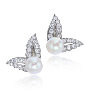 View full screen - View 1 of Lot 853. Pair of natural pearl and diamond ear clips, circa 1960.