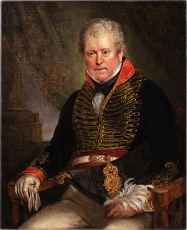 View full screen - View 1 of Lot 116. Follower of Francisco de Goya, Portrait of a General sitting with a bicorn | Suiveur de Francisco de Goya, Portrait d'un général assis tenant un bicorne.