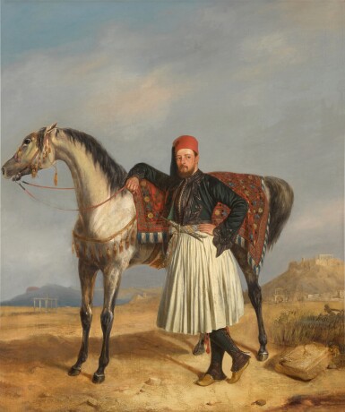 View full screen - View 1 of Lot 223. Portrait of a Greek soldier, standing beside his horse, the Acropolis and Arch of Hadrian beyond.
