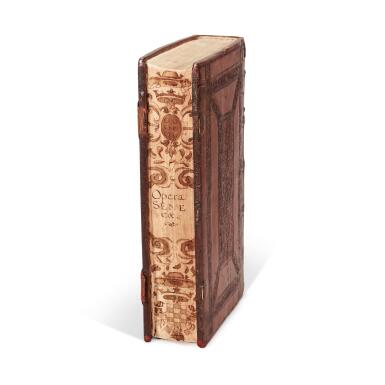View full screen - View 1 of Lot 274. Seneca, Opera, Basel, 1540, Spanish brown calf over thick wooden boards with fore-edge decoration, Sancho Dávila y Toledo copy.