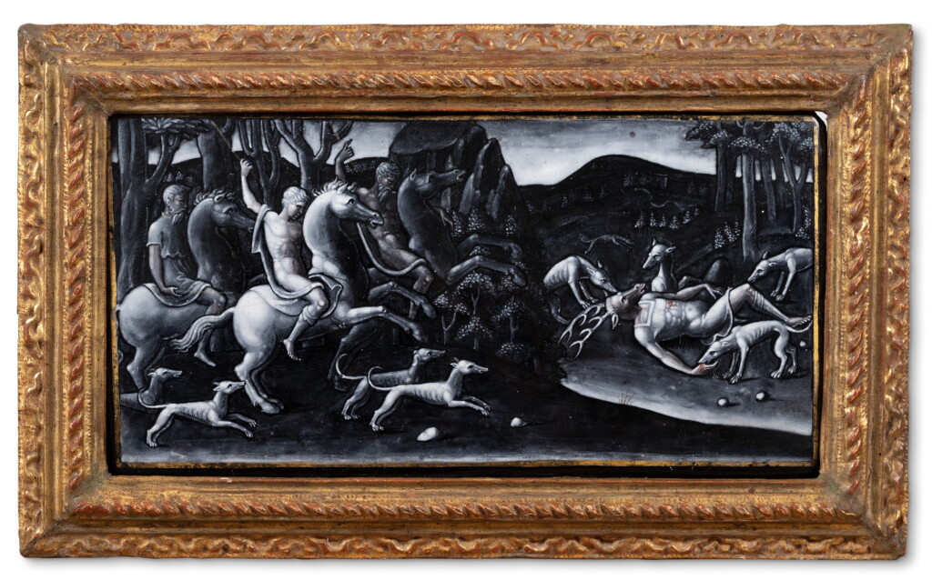 View full screen - View 1 of Lot 132. A Limoges grisaille painted enamel rectangular plaque depicting the Death of Acteon, attributed to Pierre Reymond (1513-1584), Circa 1570.
