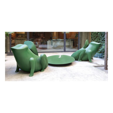 View full screen - View 1 of Lot 188. FRANÇOIS-XAVIER LALANNE | PAIR OF "CRAPAUD" CHAIRS AND "NÉNUPHAR" LOW TABLE.