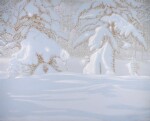 Snow-covered fir trees on a shimmering winter day