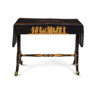 View full screen - View 1 of Lot 58. A Regency Penwork Ebonised Sofa Table, Circa 1810 .