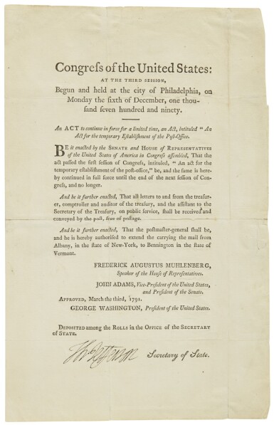 View full screen - View 1 of Lot 2121. Jefferson, Thomas. Printed document signed, being a Post Office Act, 1791.