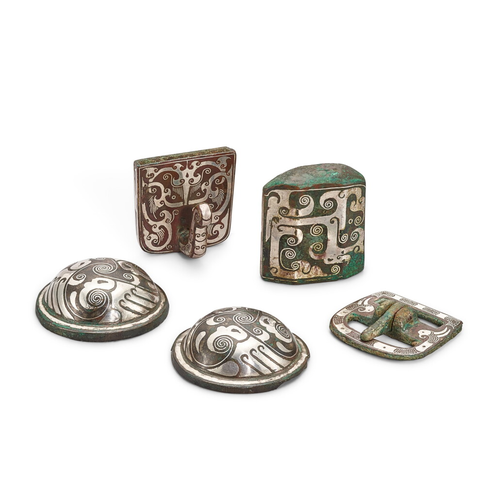 View full screen - View 1 of Lot 3041. A group of five silver-inlaid bronze fittings, Eastern Zhou dynasty, Warring States period 東周戰國 銅錯銀飾件一組五件.