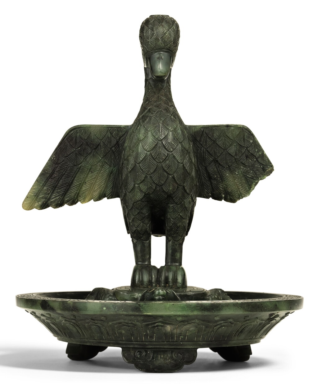 View full screen - View 1 of Lot 355. A SPINACH-GREEN JADE CANDLESTICK QING DYNASTY, 18TH/19TH CENTURY | 清十八/十九世紀 碧玉海宴河清紋燭臺.