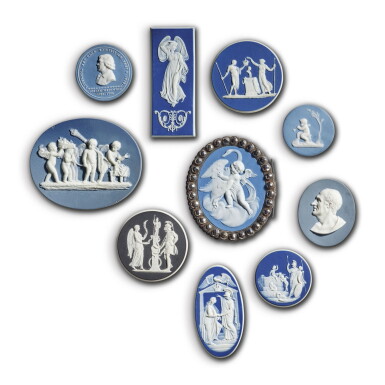 View full screen - View 1 of Lot 178. TEN WEDGWOOD JASPERWARE SMALL PLAQUES AND MEDALLIONS LATE 18TH AND 19TH CENTURY.