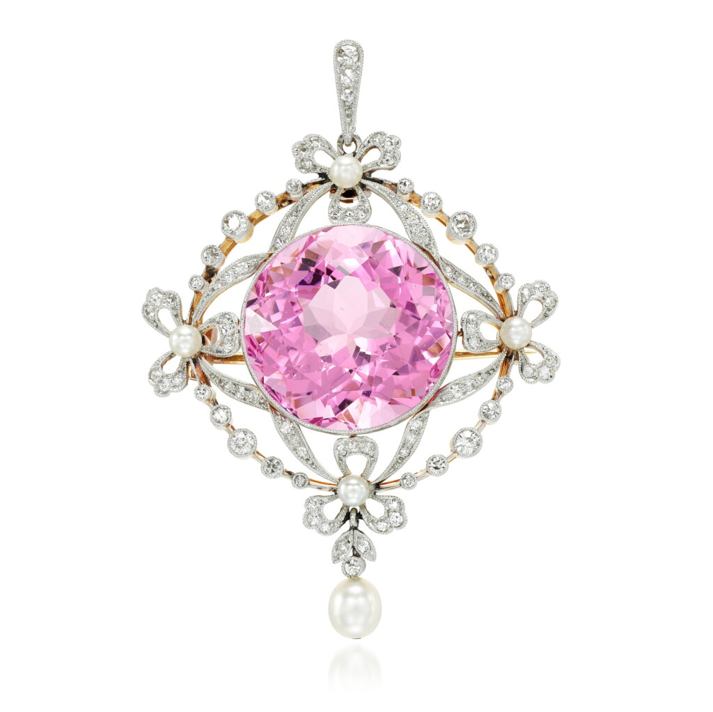 View full screen - View 1 of Lot 58. Morganite, pearl and diamond pendant/brooch, circa 1910.
