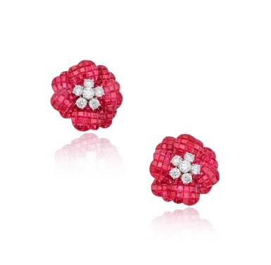 View full screen - View 1 of Lot 519. Pair of Ruby and Diamond Earclips.