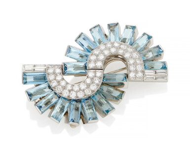 View full screen - View 1 of Lot 31. AQUAMARINE AND DIAMOND DOUBLE CLIP-BROOCH (SPILLA DOPPIA CLIP CON ACQUAMARINE E DIAMANTI) .