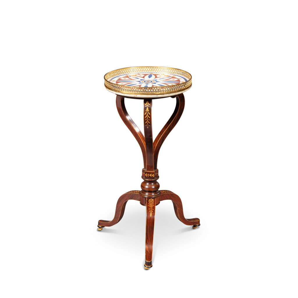 View full screen - View 1 of Lot 612. A small Charles X gilt-bronze mounted rosewood and satinwood guéridon, circa 1830 | Petit guéridon en palissandre, citronnier et bronze doré d'époque Charles X, vers 1830.