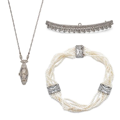 View full screen - View 1 of Lot 1730. NATURAL PEARL AND DIAMOND CHOKER NECKLACE; DIAMOND BROOCH AND DIAMOND WATCH-PENDANT NECKLACE | 珍珠 配 鑽石 項鏈 及 鑽石 胸針 及 鑽石 吊墜項鏈.