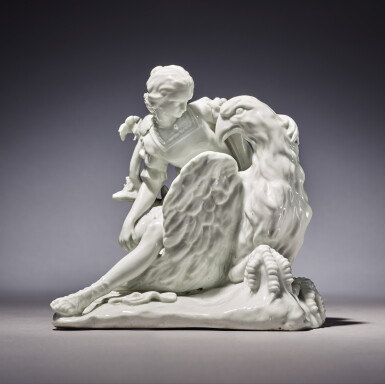 View full screen - View 1 of Lot 194. A RARE ST. JAMES'S (CHARLES GOUYN FACTORY) WHITE PORCELAIN GROUP OF GANYMEDE AND THE EAGLE, CIRCA 1749-60.