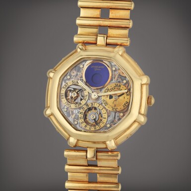 View full screen - View 1 of Lot 119. Reference G25394 | A yellow gold skeletonized automatic perpetual calendar bracelet watch with moon phases, and leap year indication, Circa 1995.