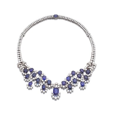 View full screen - View 1 of Lot 708. Sapphire and diamond necklace.
