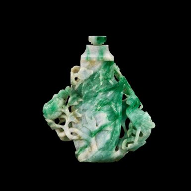 View full screen - View 1 of Lot 104. A jadeite 'phoenix' vase and cover, Late Qing dynasty – early Republican period | 晚清至民國初 翠玉浮雕鳳鳥寶珠蓋瓶.