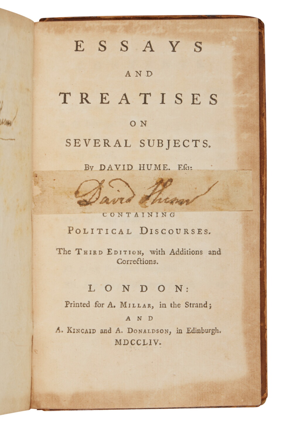 View full screen - View 1 of Lot 1067. Hume, David | A single volume of "Essays and Treatises" signed by Hume.