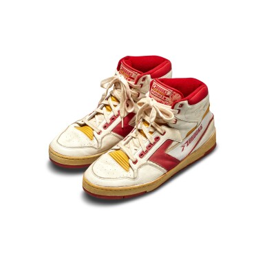 View full screen - View 1 of Lot 807. Dominique Wilkins Game Worn & Dual Signed Sneakers.