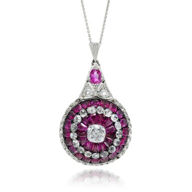 View full screen - View 1 of Lot 156. RUBY AND DIAMOND PENDANT NECKLACE .
