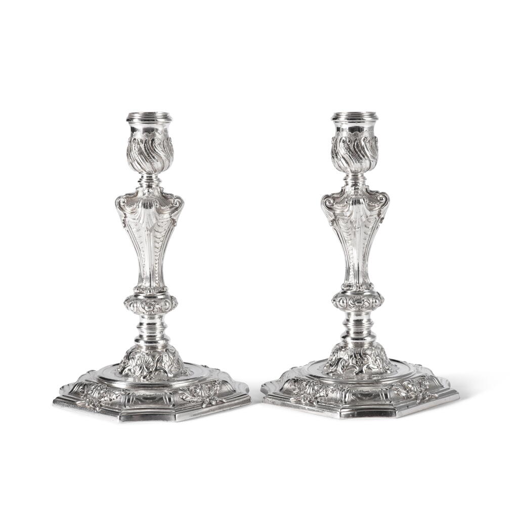 View full screen - View 1 of Lot 444. A Pair of George II Silver Candlesticks, Paul de Lamerie, London, 1737.