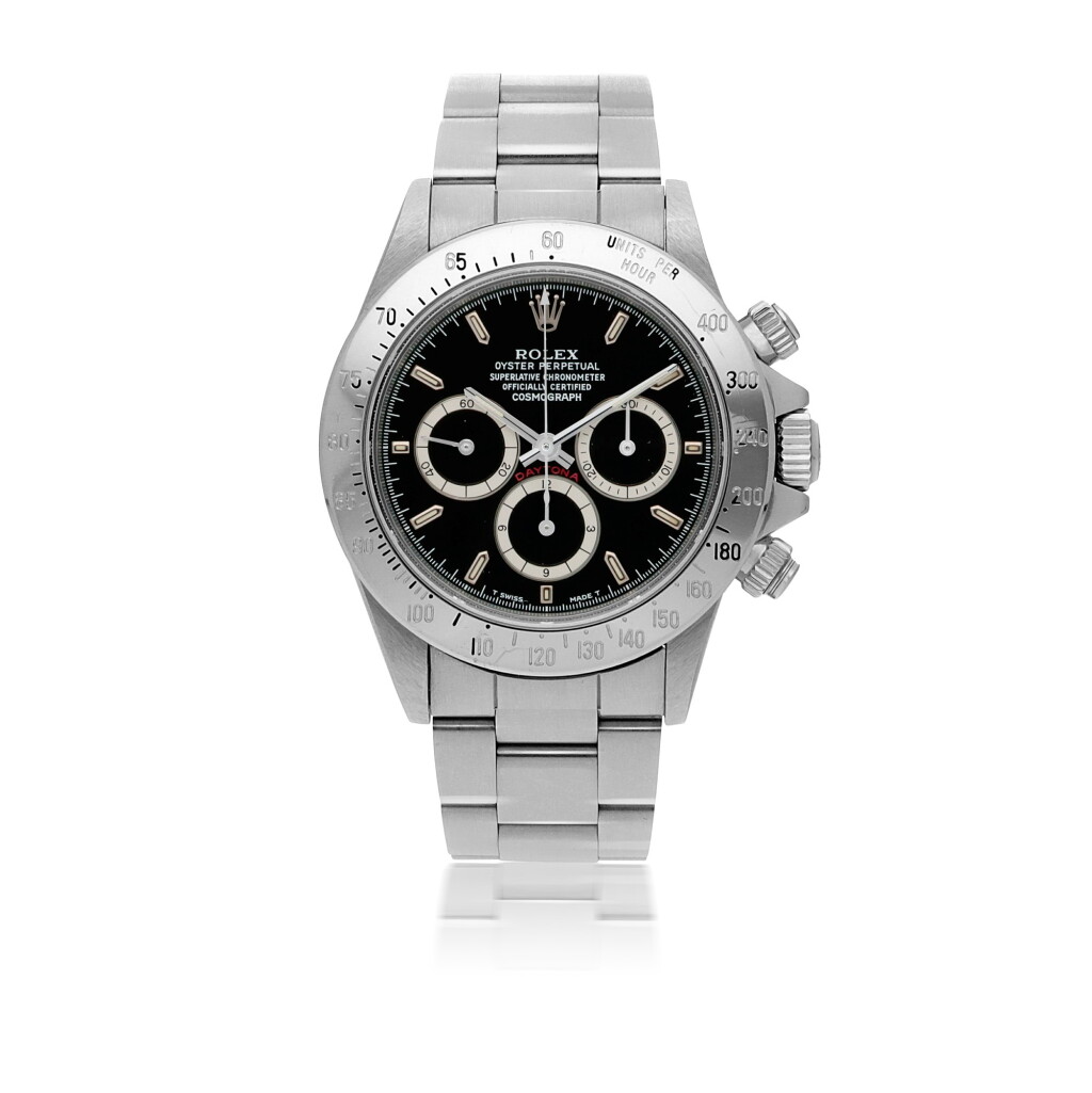 View full screen - View 1 of Lot 6. ROLEX | 'ZENITH' DAYTONA, REF 16520 STAINLESS STEEL CHRONOGRAPH WRISTWATCH WITH BRACELET AND 'INVERTED 6' DIAL CIRCA 1988.