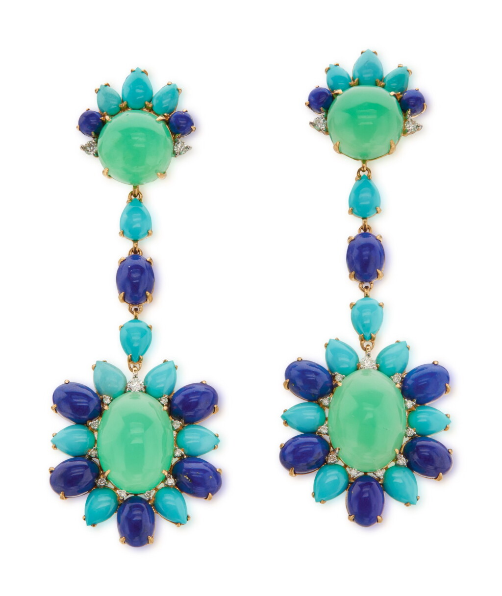 View full screen - View 1 of Lot 14. Pair of 18 karat Gold, Turquoise, Lapis Lazuli, Chrysoprase and Diamond Pendant-Earclips.