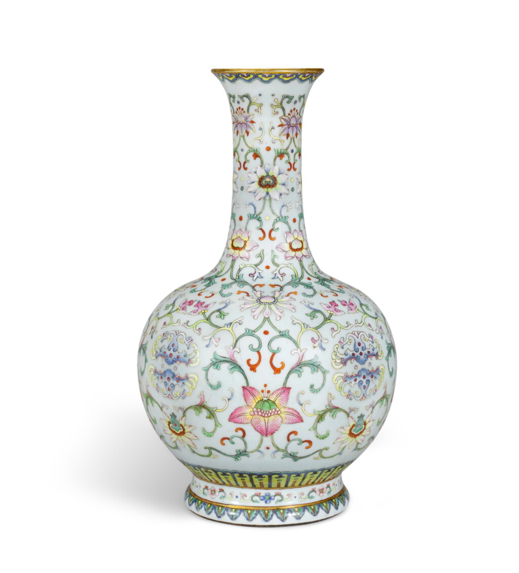View full screen - View 1 of Lot 59. A rare pale celadon ground famille-rose bottle vase, Seal mark and period of Qianlong | 清乾隆 粉青地粉彩纏枝花卉紋賞瓶 《大清乾隆年製》款.