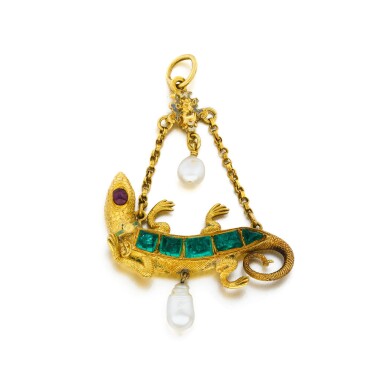 View full screen - View 1 of Lot 1030. A Neo-Renaissance gold, emerald, ruby and cultured pearl lizard pendant, 19th century.