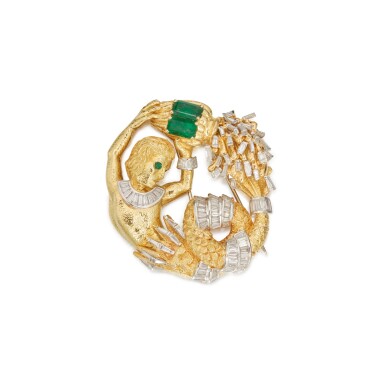 View full screen - View 1 of Lot 115. Gold, Emerald and Diamond 'Aquarius' Clip-Brooch.